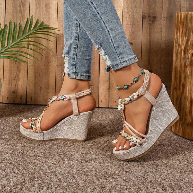Sandales Compensées Éclat Floral à Bout Ouvert