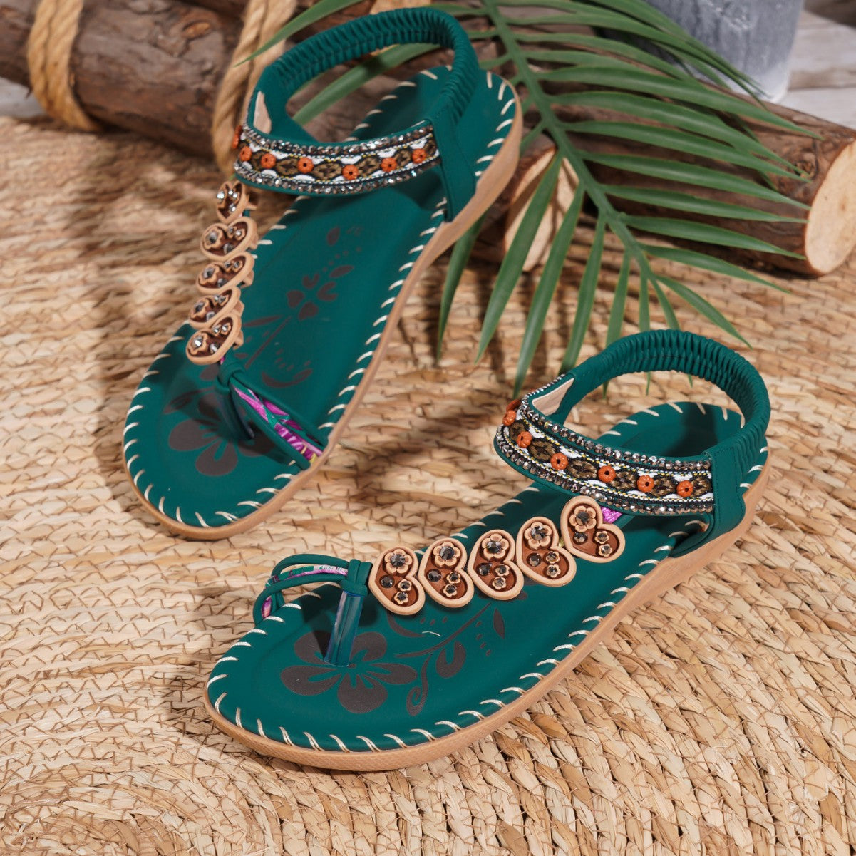 Sandales Vertes Perles & Strass