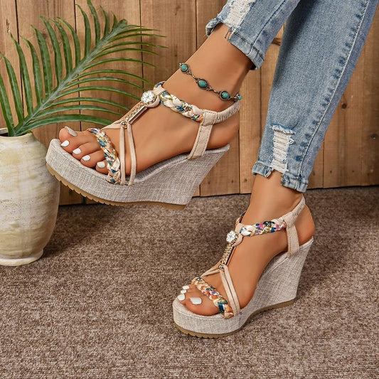Sandales Compensées Éclat Floral à Bout Ouvert